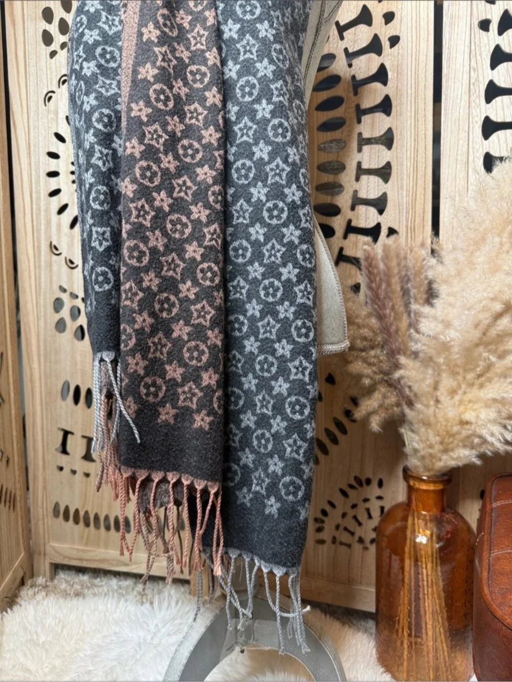 Source Unknown Two-Tone Monogram Fringe Scarf - Gray & Brown